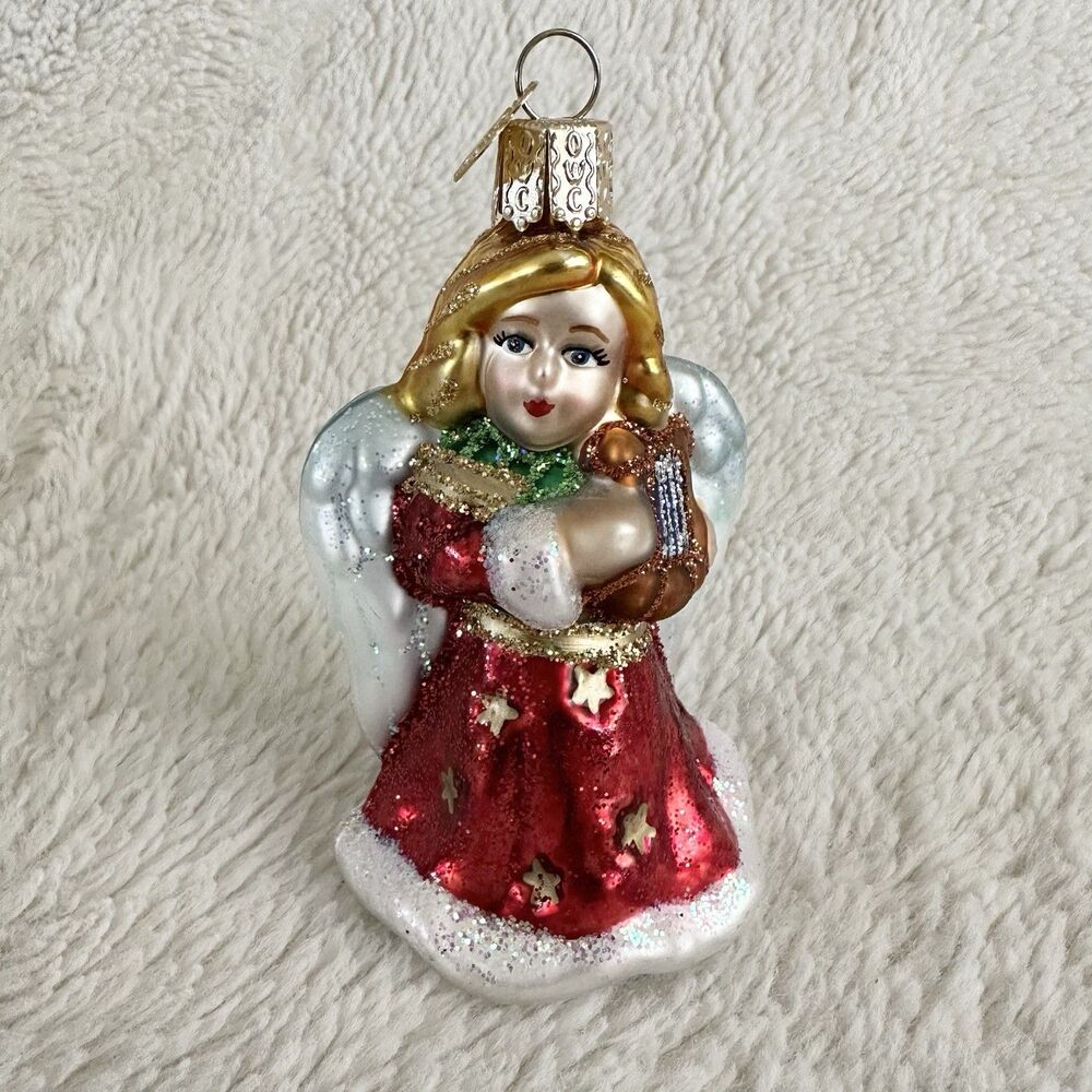 Old World Christmas Ornament Red Angel Holding Lyre 4” Holiday Decoration